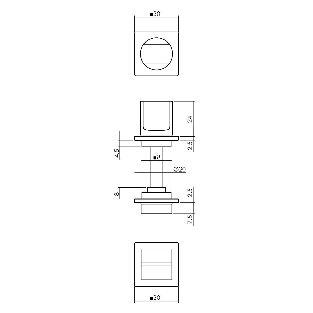 Intersteel WC-sluiting zelfklevend 30x30x3mm met stift 8x8mm rvs afbeelding
