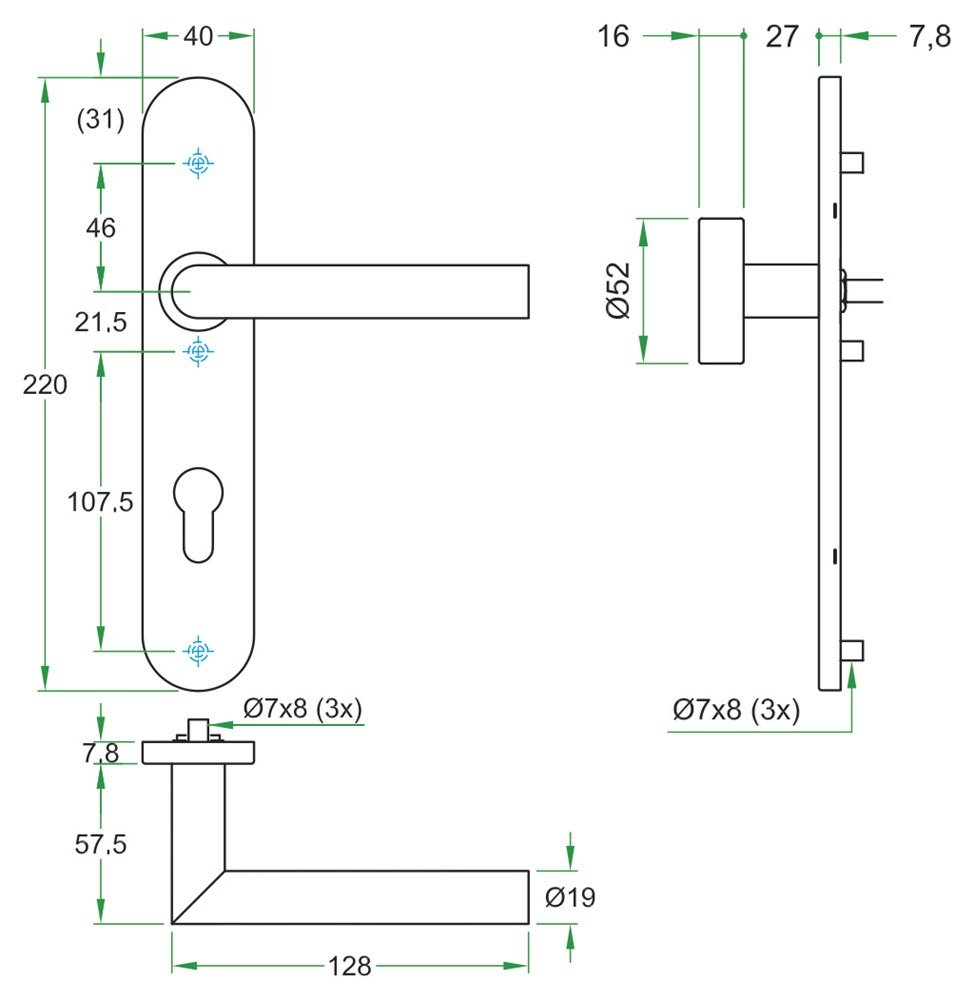 Knop/krukgarn TESSA DIN-L PL KL4 rvs mat PC72 LS