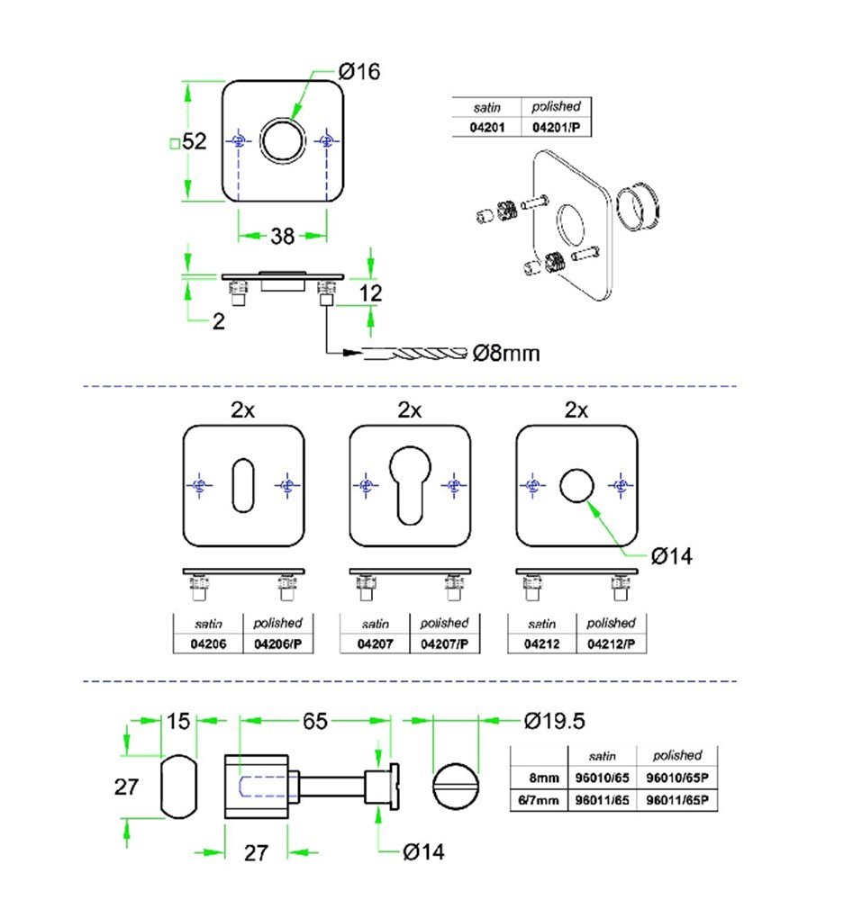 WC garnituur Vlakrozet 4knt FS rvs mat WC 8mm
