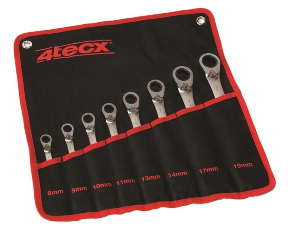 4tecx Ring-steek ratelsleutel set 8 - 19mm 8-delig in roltas