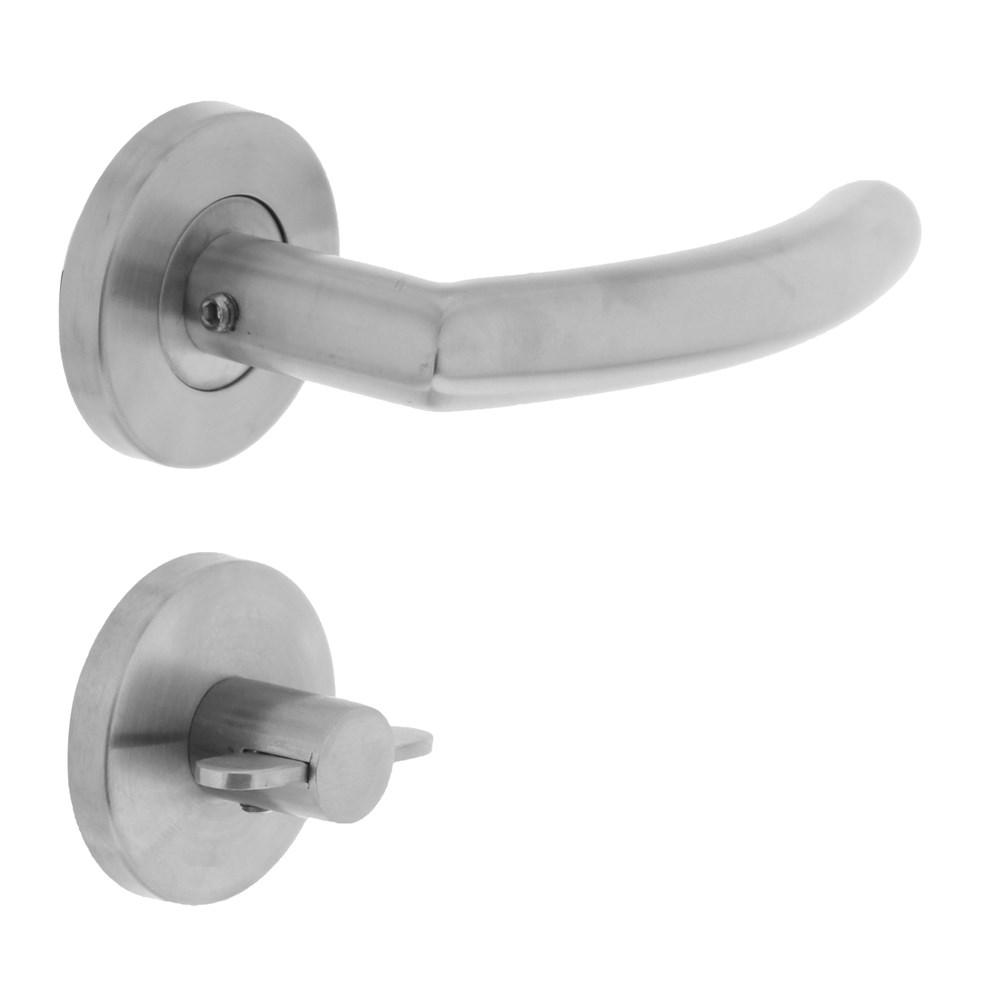 Deurkruk half rond/hoek 90°op rond rozet met WC8mm RVS afbeelding