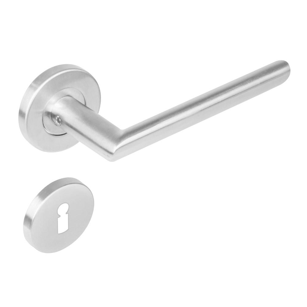 Deurkruk 1273 ovaal Hoek 90°op rond rozet staal met 7mm nok met sleutelgat plaatjes RVS afbeelding