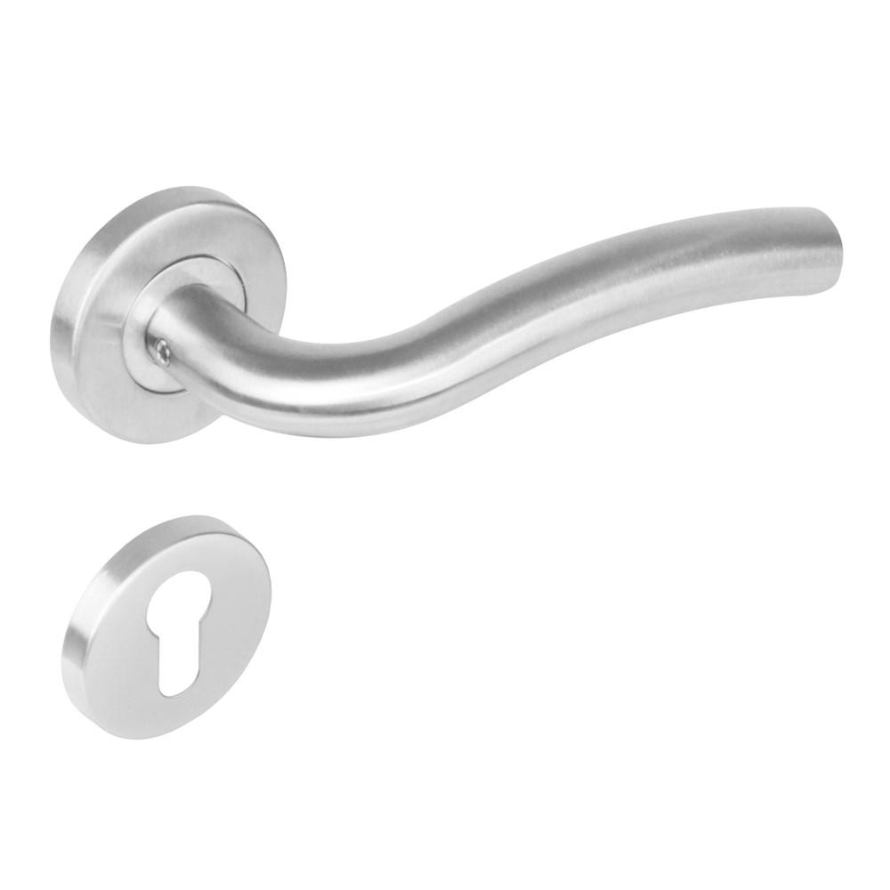 Deurkruk 1275 Lisa op rond rozet staal met 7mm nok met profielcilindergat plaatjes RVS afbeelding
