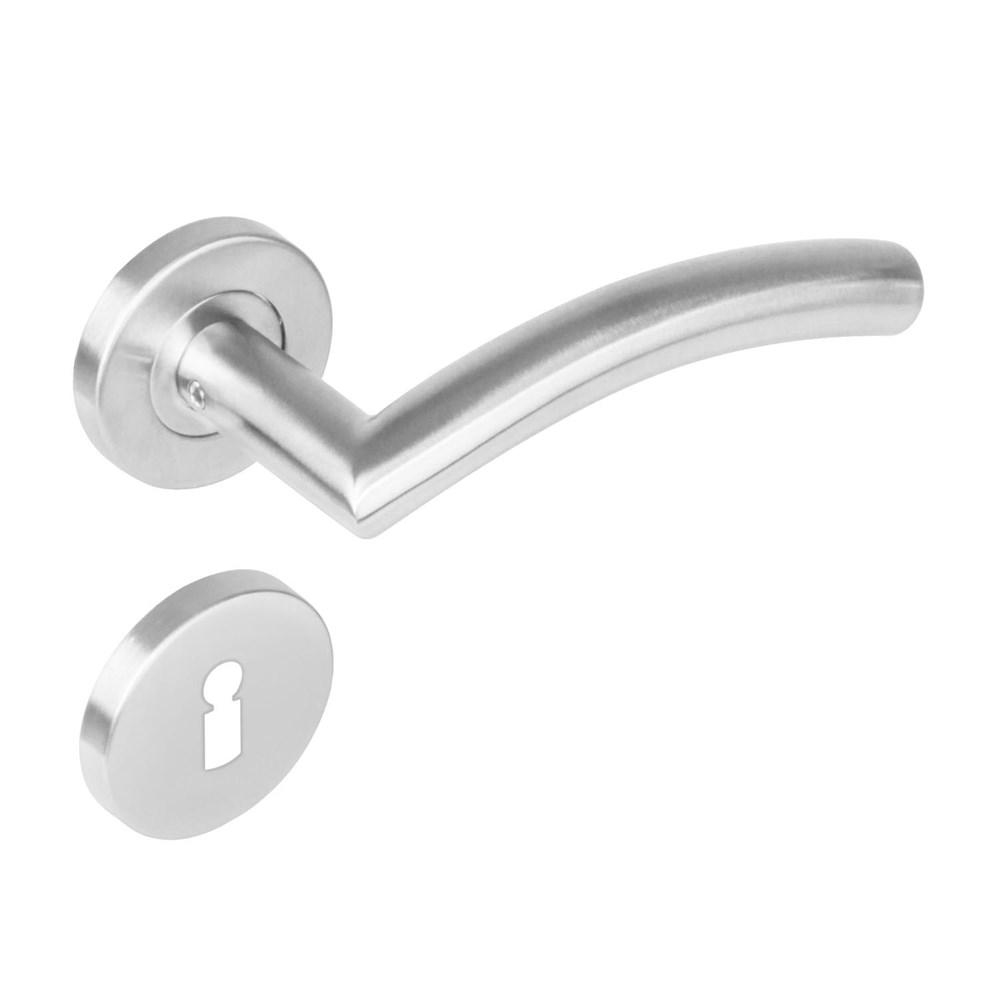 Deurkruk 1276 Lisa 90°op rond rozet staal met 7mm nok met sleutelgat plaatjes RVS afbeelding