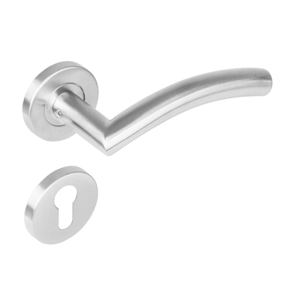Deurkruk 1276 Lisa 90°op rond rozet staal met 7mm nok met profielcilindergat plaatjes RVS afbeelding