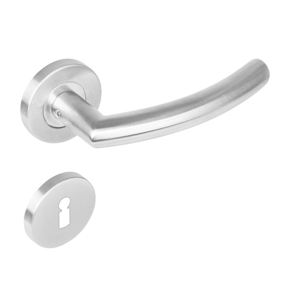 Deurkruk 1277 half rond 90°op rond rozet staal met 7mm nok met sleutelgat plaatjes RVS afbeelding