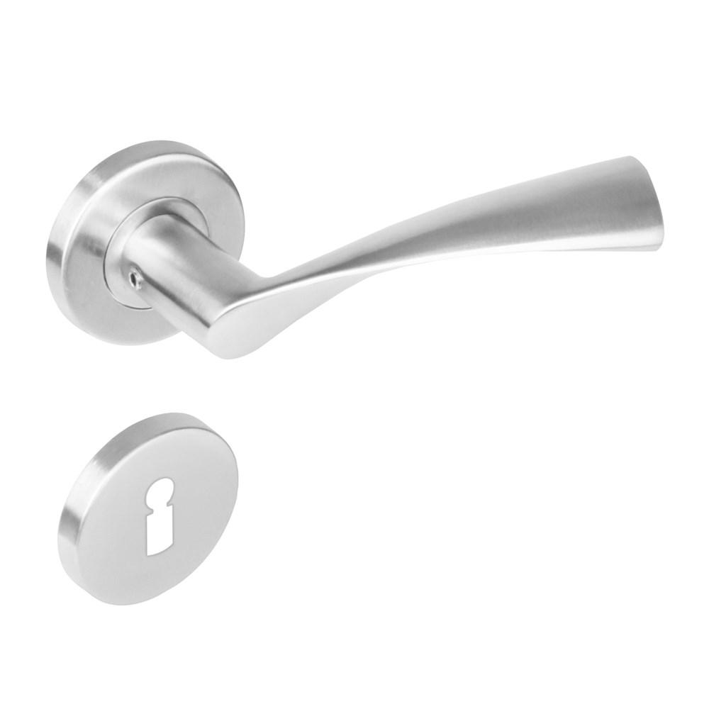 Deurkruk 1279 Vlinder op rond rozet staal met 7mm nok met sleutelgat plaatjes RVS afbeelding
