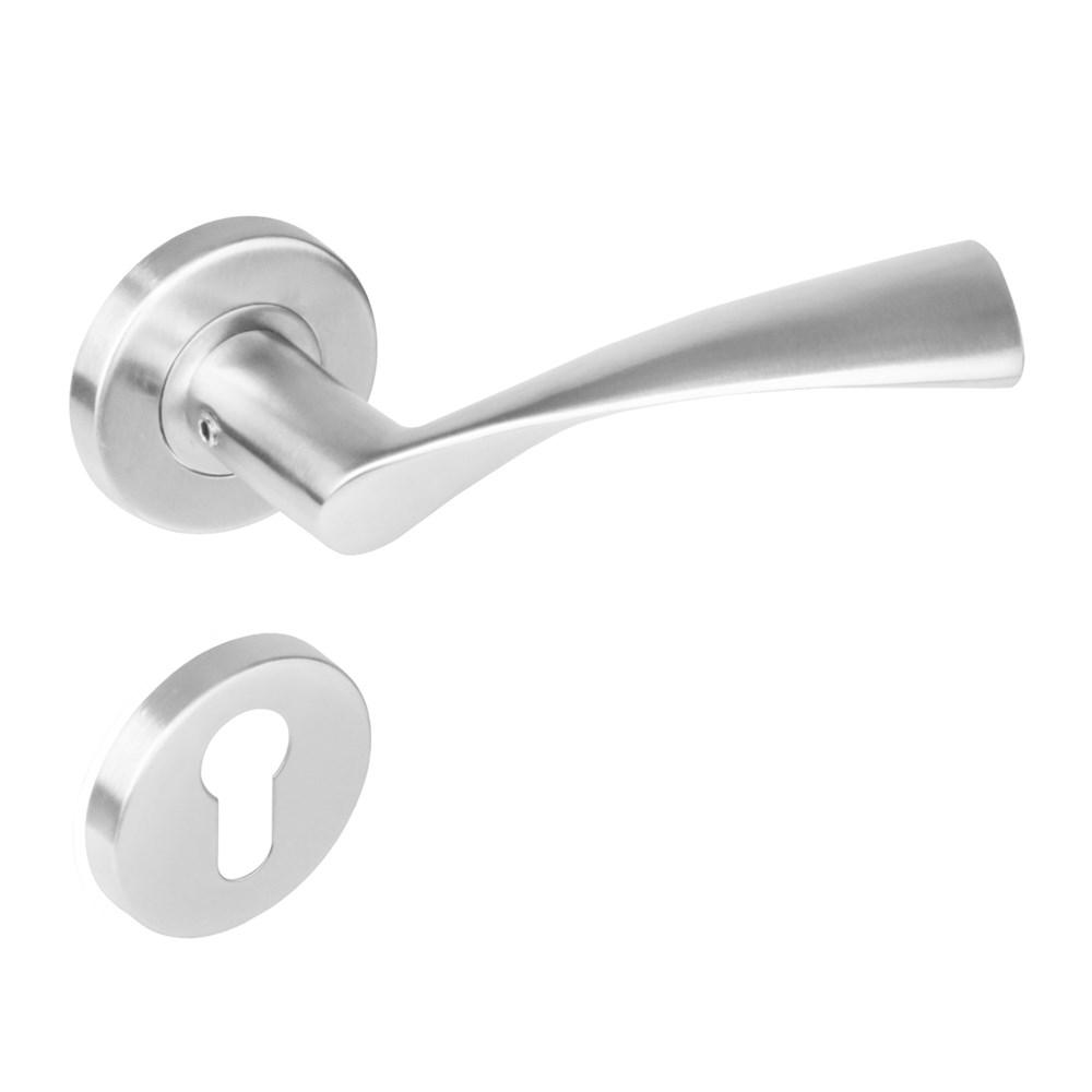 Deurkruk 1279 Vlinder op rond rozet staal met 7mm nok met profielcilindergat plaatjes RVS afbeelding