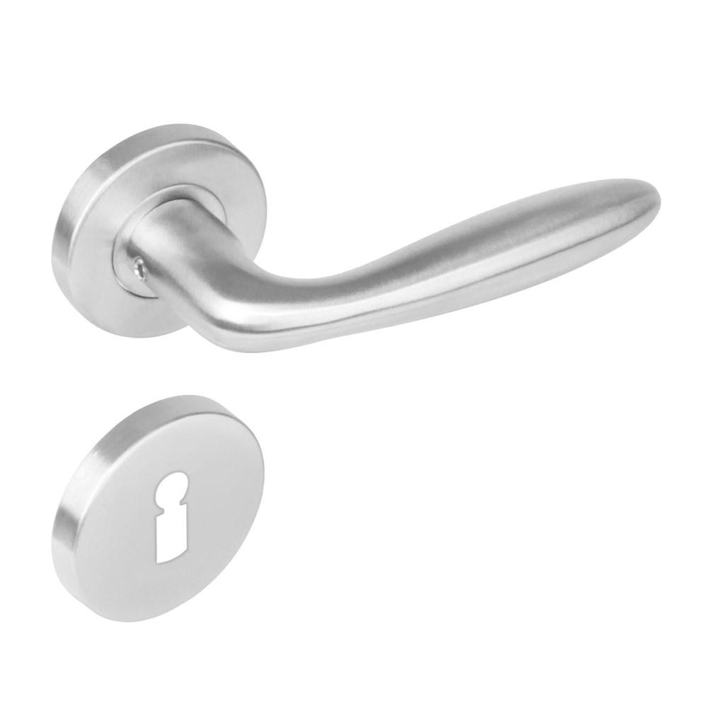 Deurkruk 1281 Jupiter op rond rozet staal met 7mm nok met sleutelgat plaatjes RVS afbeelding