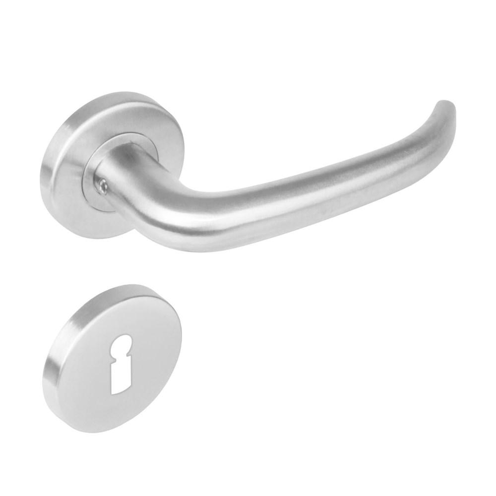Deurkruk 1282 Sabel op rond rozet staal met 7mm nok met sleutelgat plaatjes RVS afbeelding