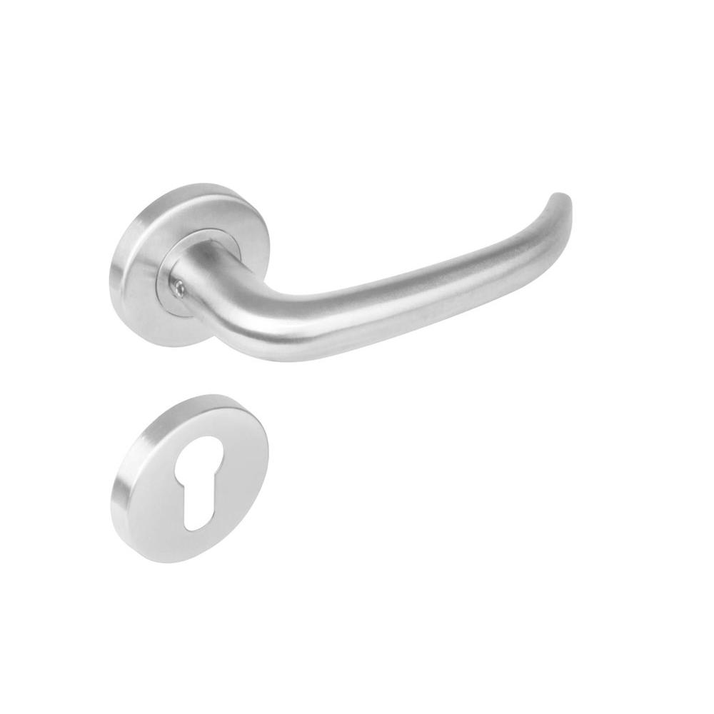 Deurkruk 1282 Sabel op rond rozet staal met 7mm nok met profielcilindergat plaatjes RVS afbeelding