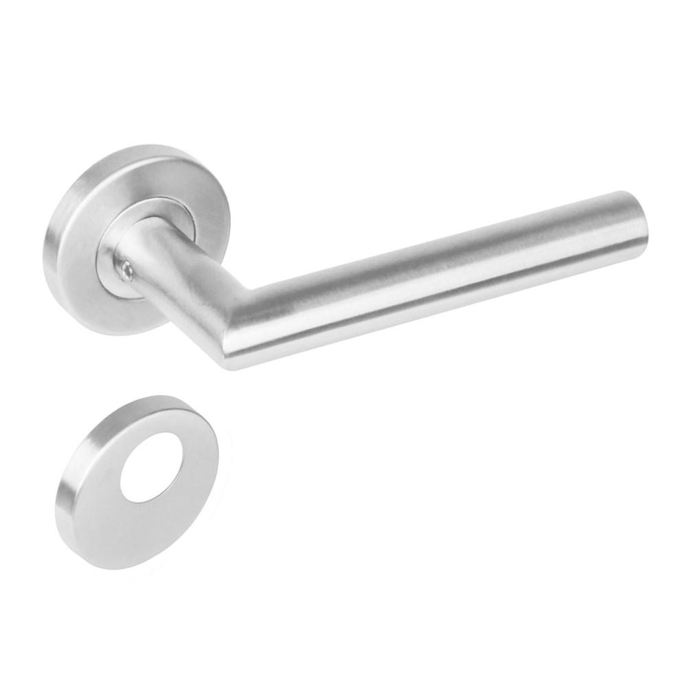 Deurkruk 1272 rechte Hoek 90°op rond rozet staal met 7mm nok met rondcilindergat plaatjes RVS afbeelding