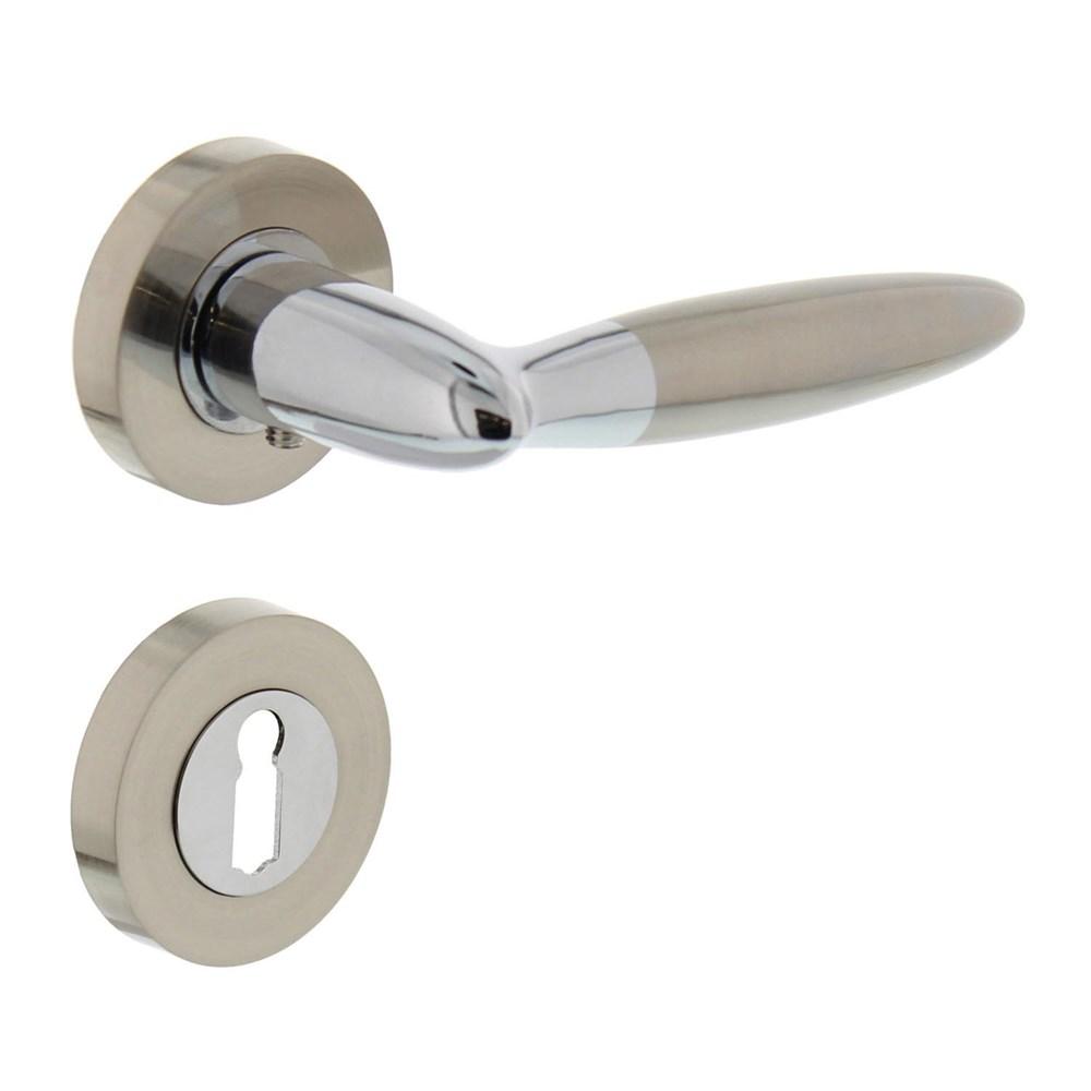 Deurkruk Elen op rond rozet 7mm nokken met sleutelgat plaatjes chroom/nikkel mat afbeelding