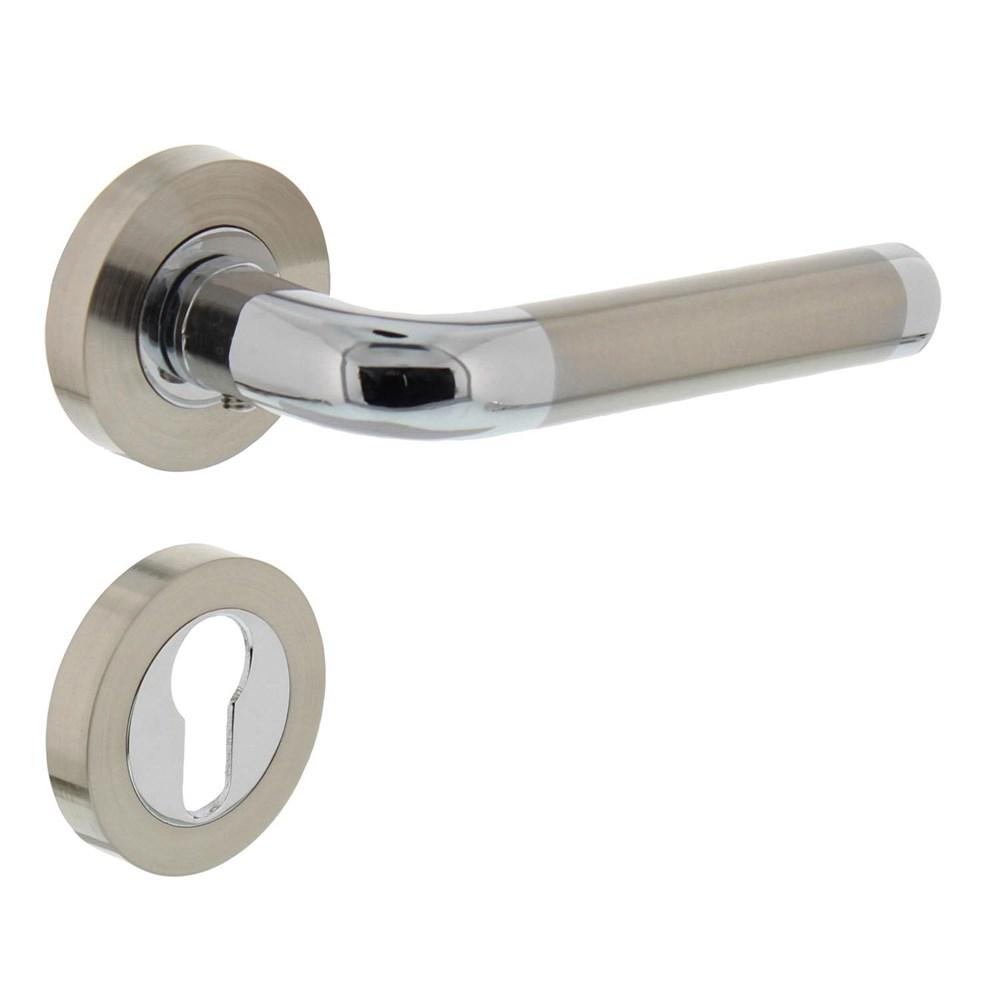 Deurkruk Agatha op rond rozet 7mm nokken met profielcilindergat plaatjes chroom/nikkel mat afbeelding