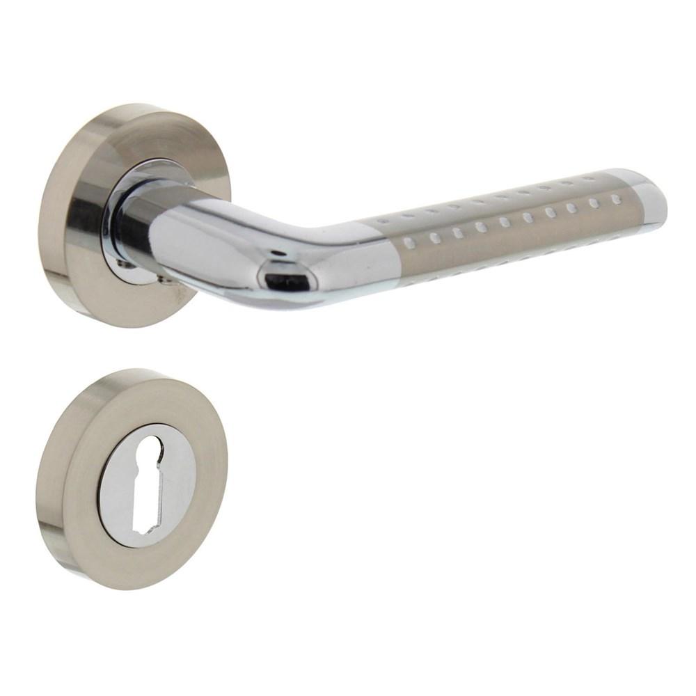 Deurkruk Marion op rond rozet 7mm nokken met sleutelgat plaatjes chroom/nikkel mat afbeelding