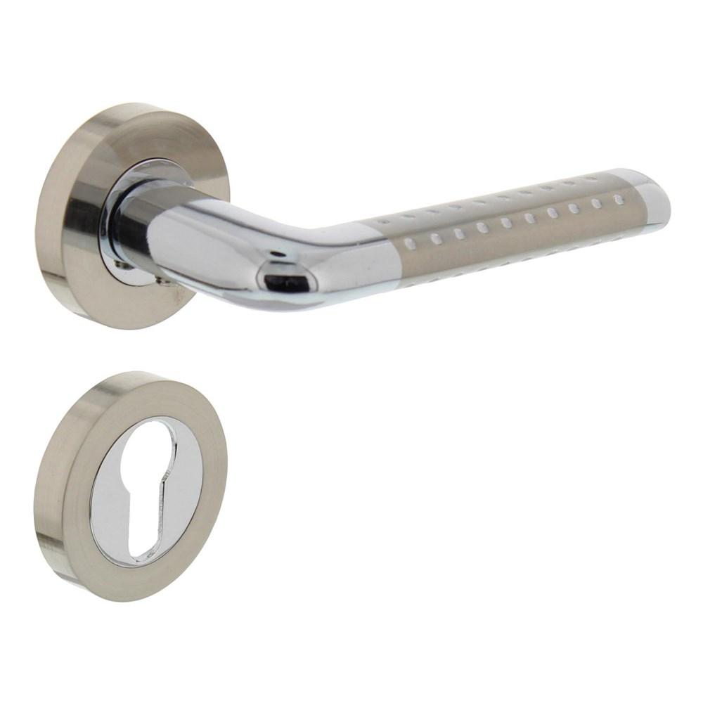 Deurkruk Marion op rond rozet 7mm nokken met profielcilindergat plaatjes chroom/nikkel mat afbeelding