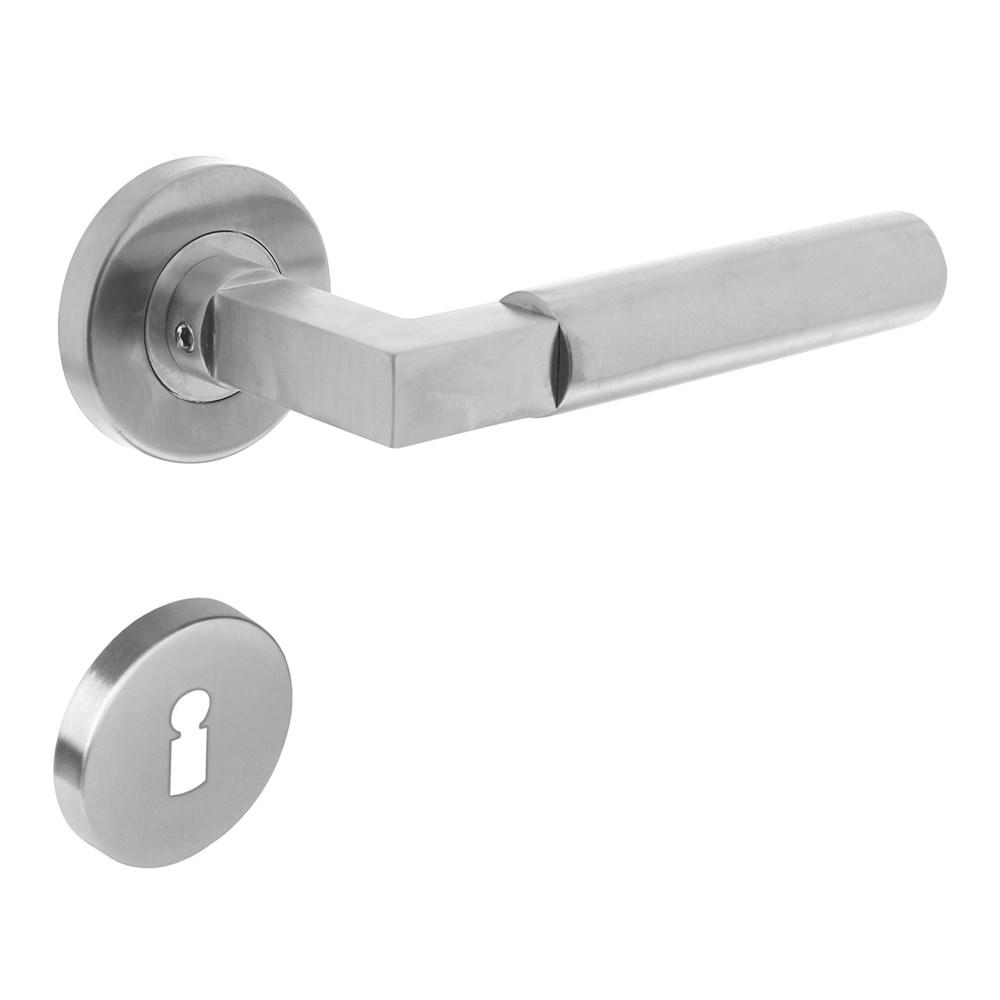 Deurkruk 0379 Bau-stil op rozet rond staal met 7mm nok met sleutelgat plaatjes RVS afbeelding
