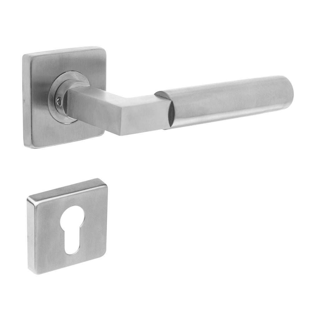 Deurkruk 0378 Bau-stil op rozet vierkant staal met 7mm nok met profielcilindergat plaatjes RVS afbeelding