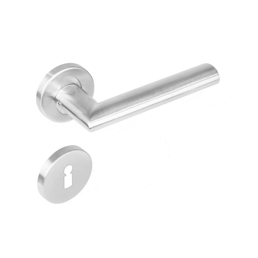 Deurkruk 1283 Girona op rond rozet staal met 7mm nok met sleutelgat plaatjes RVS afbeelding
