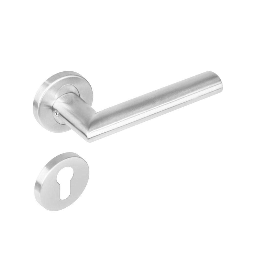 Deurkruk 1283 Girona op rond rozet staal met 7mm nok met profielcilindergat plaatjes RVS afbeelding