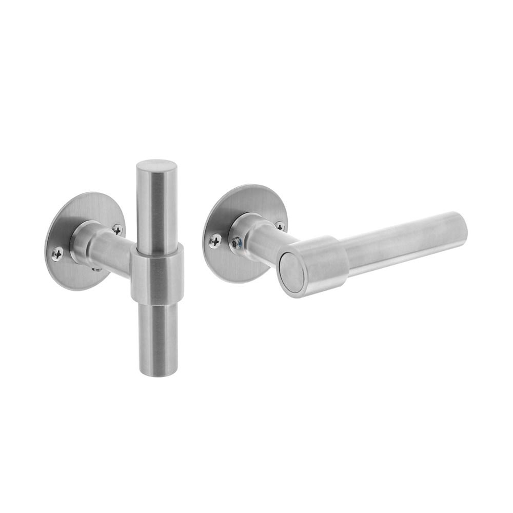 Deurkruk L/T-model recht + ronde platte rozet 50x2mm rvs geborsteld afbeelding
