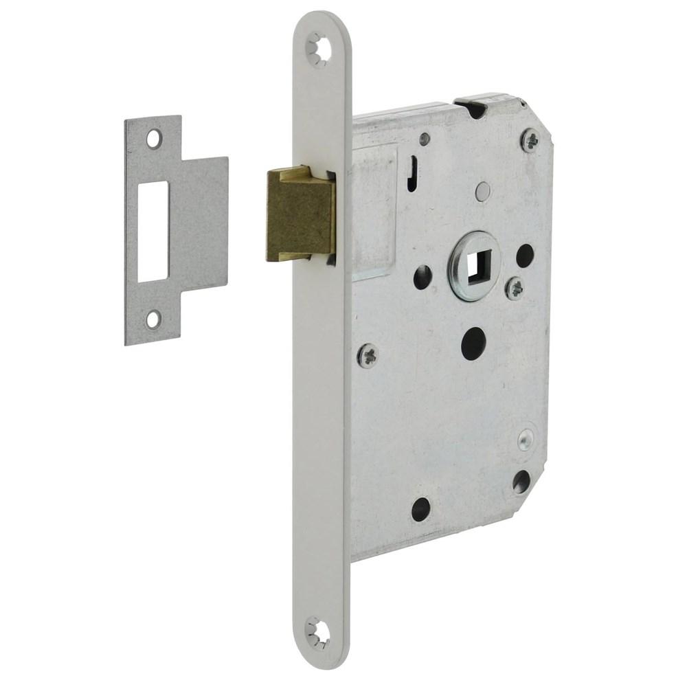 Woningbouw loopslot, voorplaat afgerond wit gelakt, 20x174, doorn 50mm incl. sluitplaat Industriever afbeelding