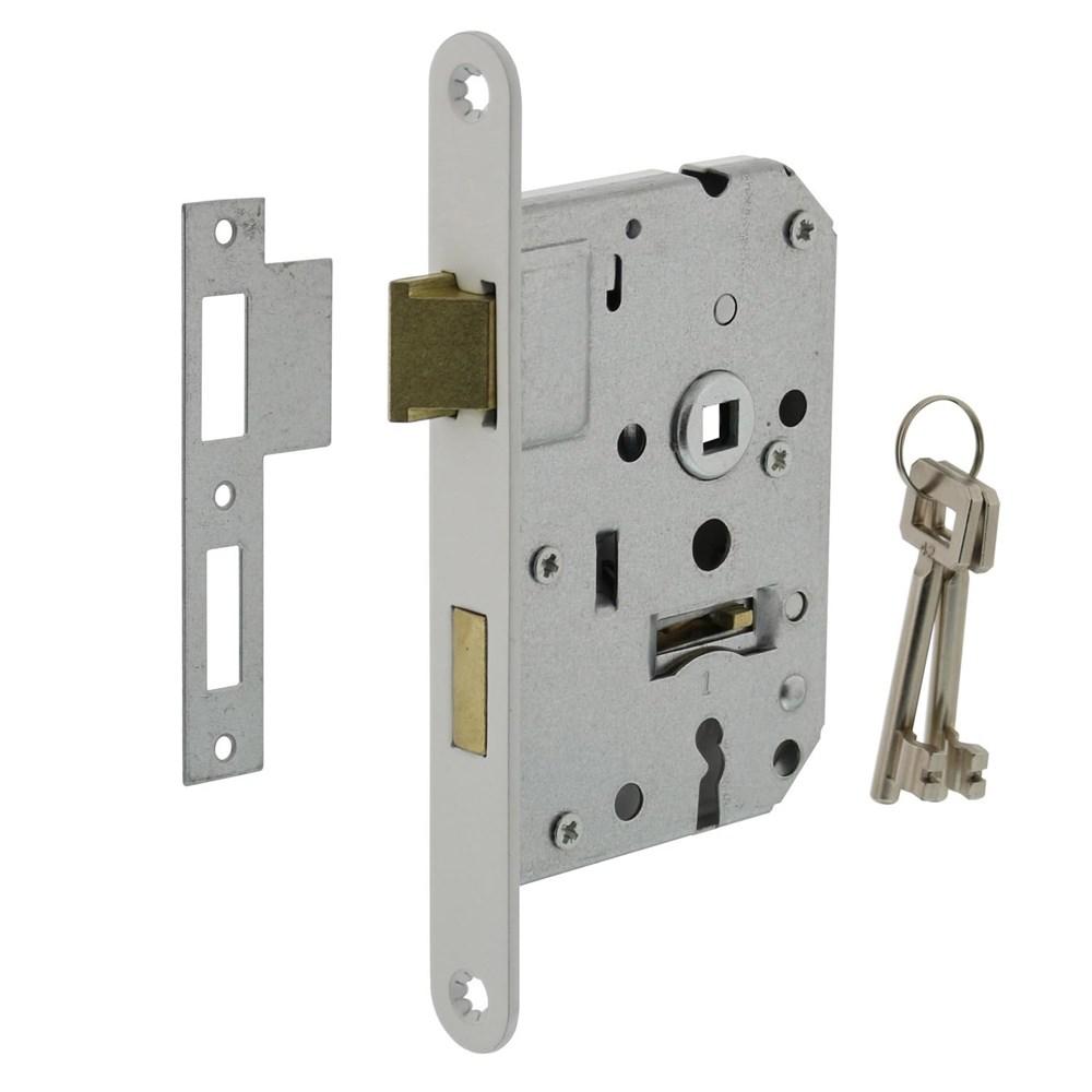 Woningbouw klavier dag- en nachtslot 55mm, voorplaat afgerond wit gelakt, 20x174, doorn 50mm incl. s afbeelding