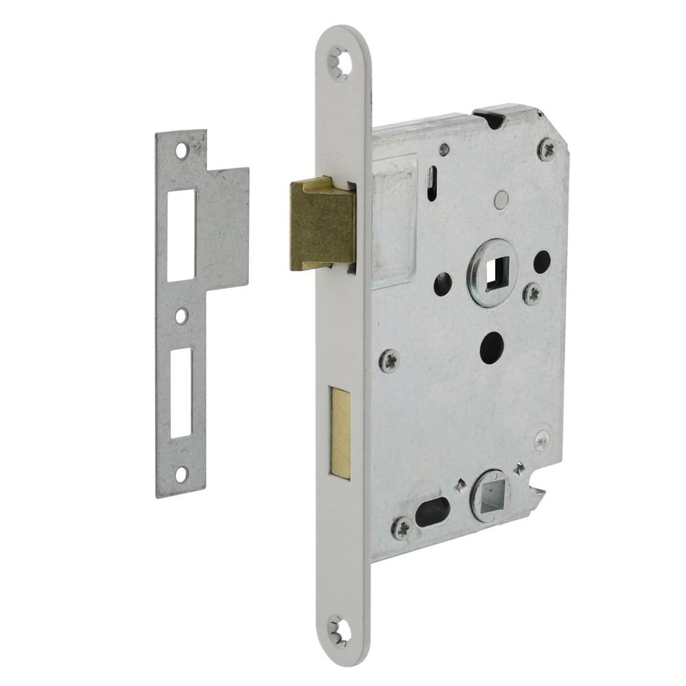 Woningbouw badkamer/toilet slot 63/8mm, voorplaat afgerond wit gelakt, 20x174, doorn 50mm incl. slui afbeelding