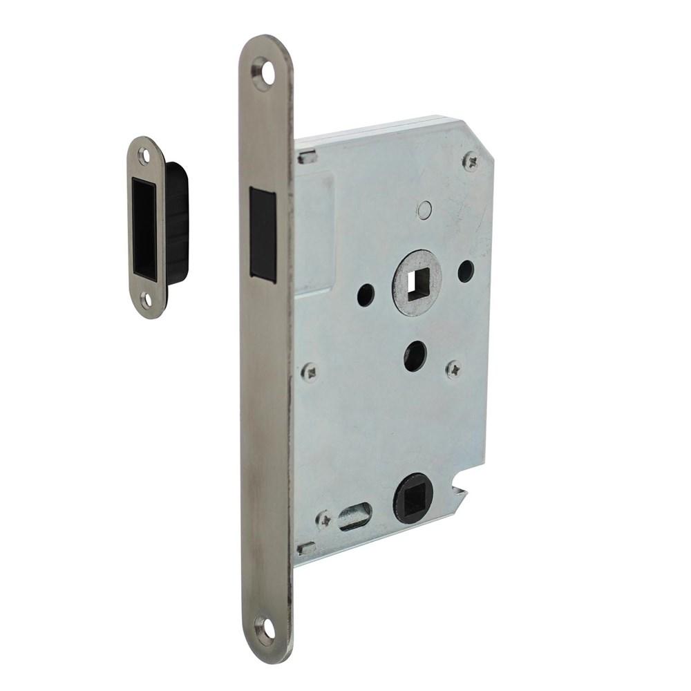 Woningbouw magneet badkamer/toilet slot 63/8mm, voorplaat afgerond rvs, 20x174, doorn 50mm incl. slu afbeelding