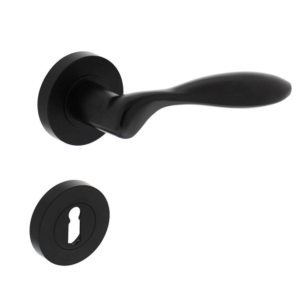 Deurkruk George op ronde rozet 52x10mm met nokken + sleutelplaatjes mat zwart afbeelding