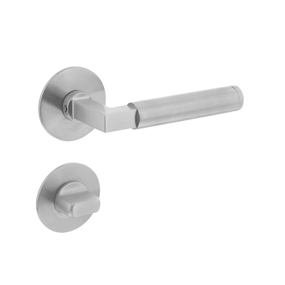 Deurkruk Baustil vastdraaibaar geveerd op ronde magneet rozet met WC7mm RVS afbeelding