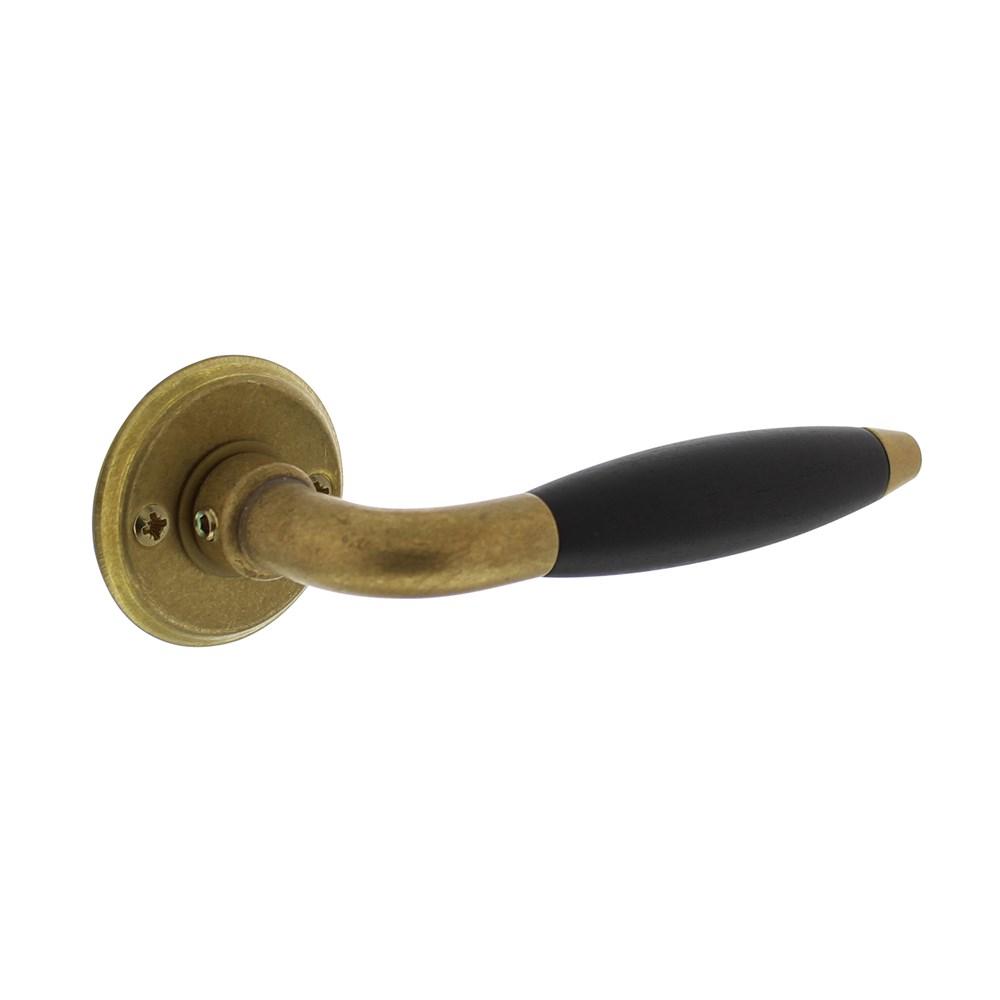 Deurkruk Antonnet met rozet ø50x5mm schroefgat messing getrommeld/ebbenhout afbeelding