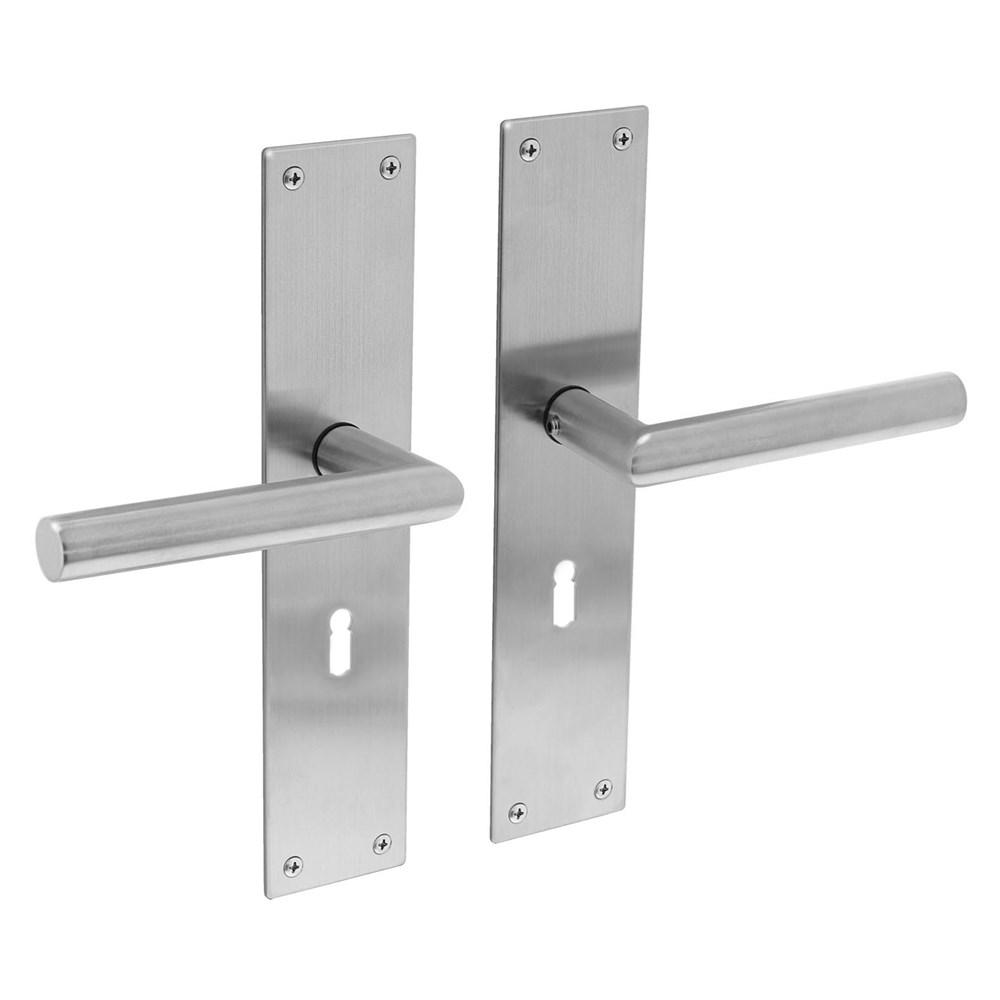 Deurkruk recht Hoek 90° met schild 250x55x2mm sleutelgat 56mm rvs afbeelding