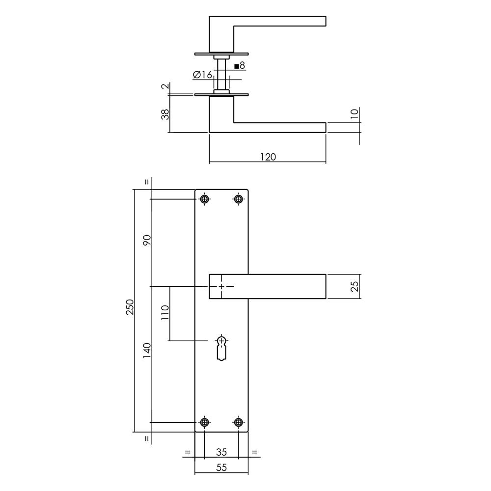 Deurkruk Amsterdam met schild 250x55x2mm sleutelgat 110mm rvs afbeelding