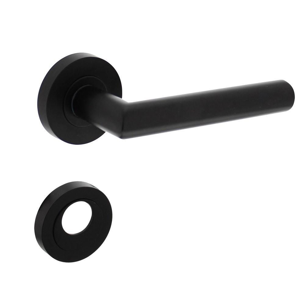 Deurkruk Bastian op ronde rozet 52x10mm met nokken + rondcilinderplaatjes mat zwart afbeelding