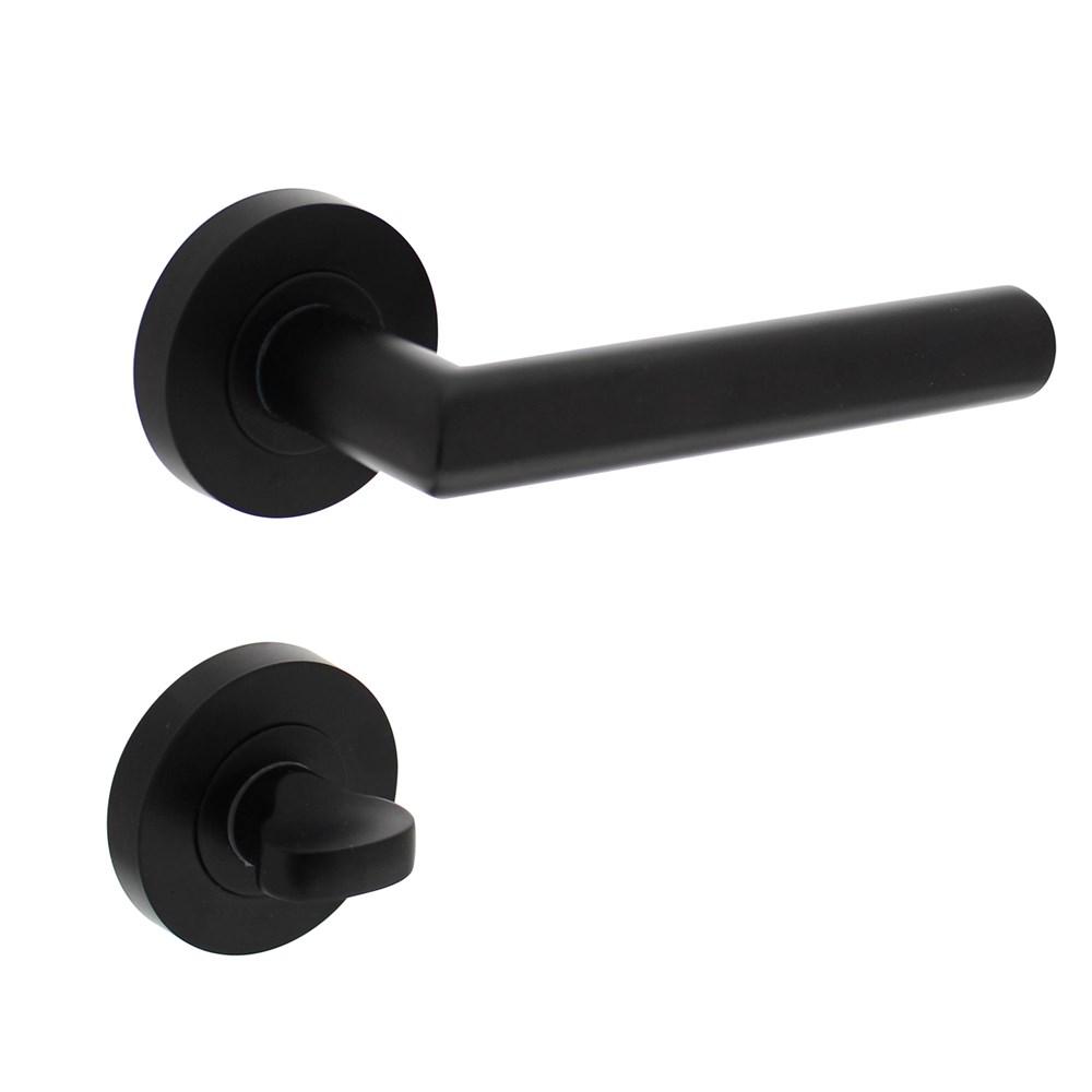 Deurkruk Bastian op ronde rozet 52x10mm met nokken + WC-sluiting 7mm mat zwart afbeelding