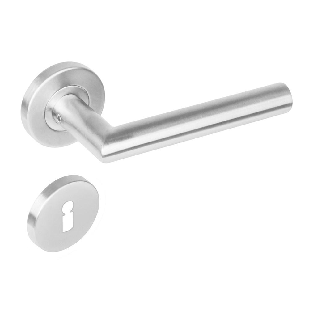 Deurkruk Niesen geveerd op rozet ø53x8 mm + 7mm nokken met sleutelplaatjes rvs geborsteld afbeelding