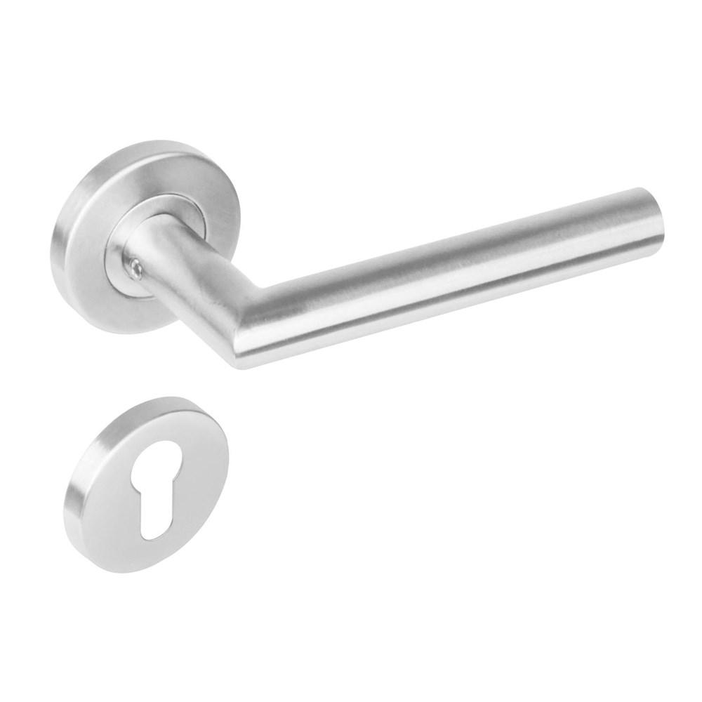 Deurkruk Niesen geveerd op rozet ø53x8 mm + 7mm nokken met profielcilinderplaatjes rvs geborsteld afbeelding