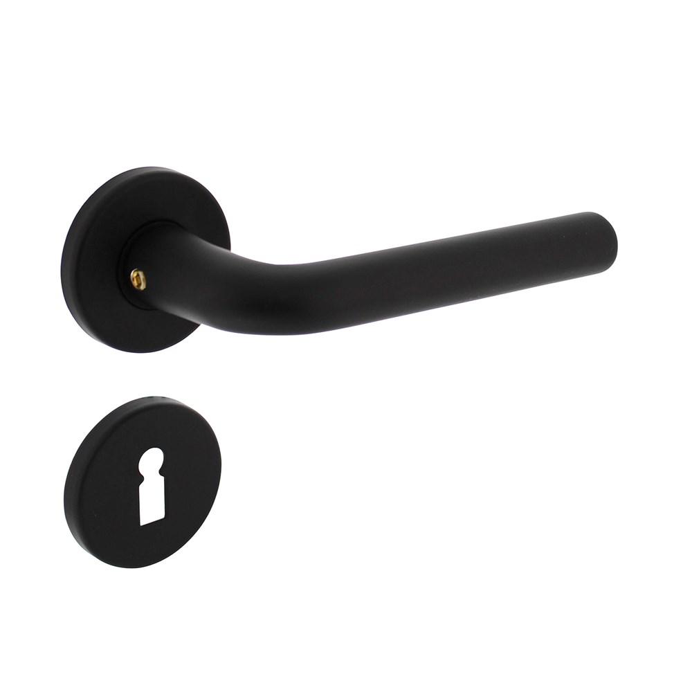 Deurkruk Derby op rozet ø50x7 mm + 7mm nokken met sleutelplaatjes zwart afbeelding