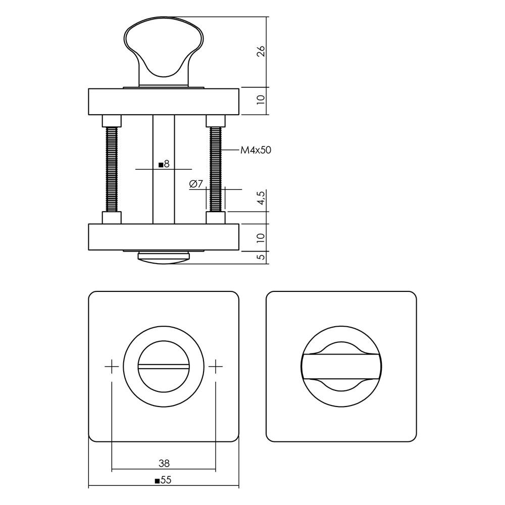 WC-sluiting verdekt 55x55x10mm met nokken en stift 8x8mm chroom/nikkel mat afbeelding