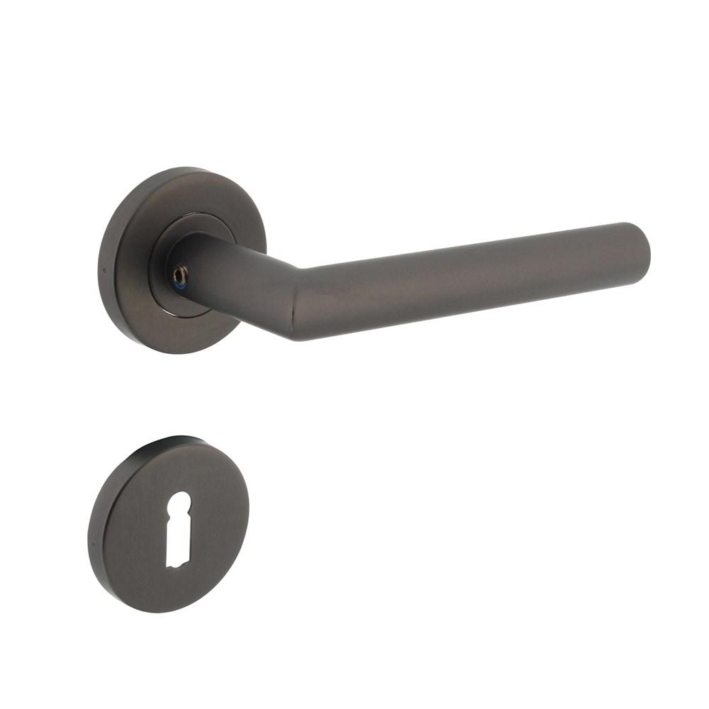 Deurkruk Hoek 90° op geveerde stalen rozet met nokken ø53x8mm en sleutelplaatjes rvs antraciet-grijs afbeelding