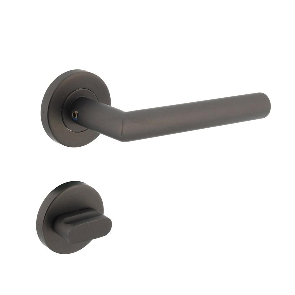 Deurkruk Hoek 90° op geveerde stalen rozet met nokken ø53x8mm en WC 8mm rvs antraciet-grijs afbeelding