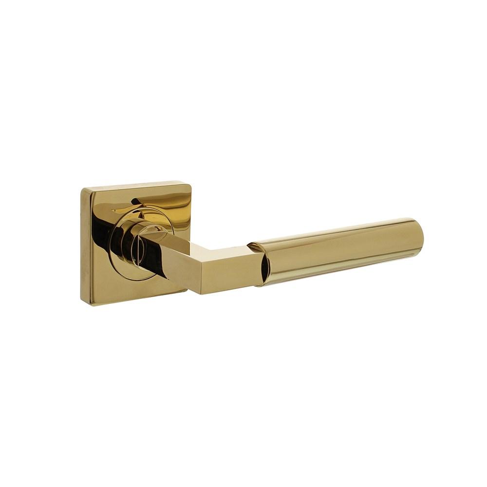 Deurkruk Baustil op vierkante rozet met nokken 55x55x10mm PVD messingkleur afbeelding