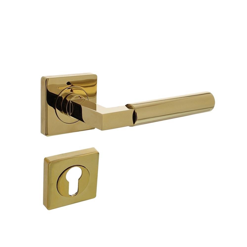 Deurkruk Baustil op vierkante rozet met nokken 55x55x10mm en profielcilindergat plaatjes PVD messing afbeelding