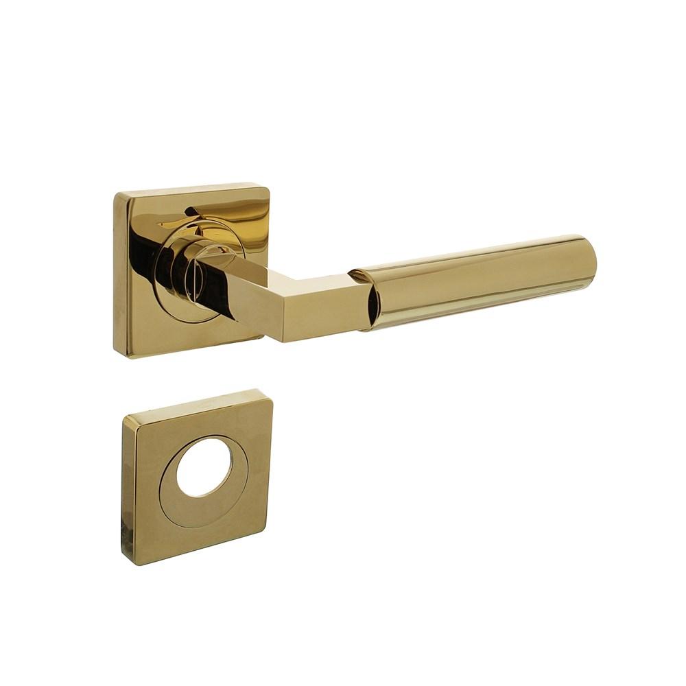 Deurkruk Baustil op vierkante rozet met nokken 55x55x10mm en rondcilindergat plaatjes PVD messingkle afbeelding