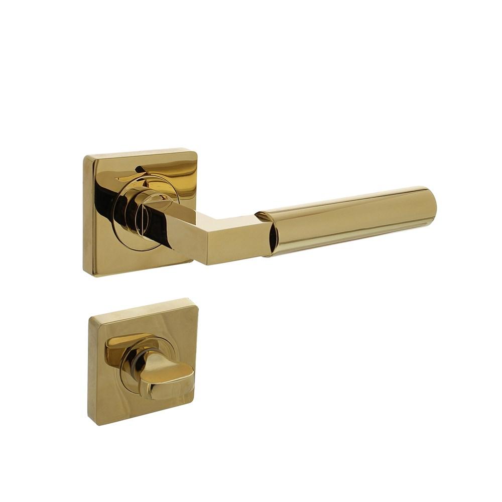 Deurkruk Baustil op vierkante rozet met nokken 55x55x10mm en WC7mm PVD messingkleur afbeelding