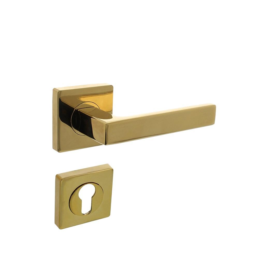 Deurkruk Hera op vierkante rozet met nokken 55x55x10mm en profielcilindergat plaatjes PVD messingkle afbeelding