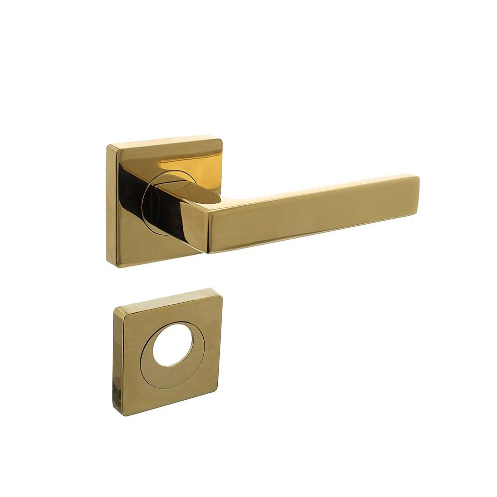 Deurkruk Hera op vierkante rozet met nokken 55x55x10mm en rondcilindergat plaatjes PVD messingkleur afbeelding
