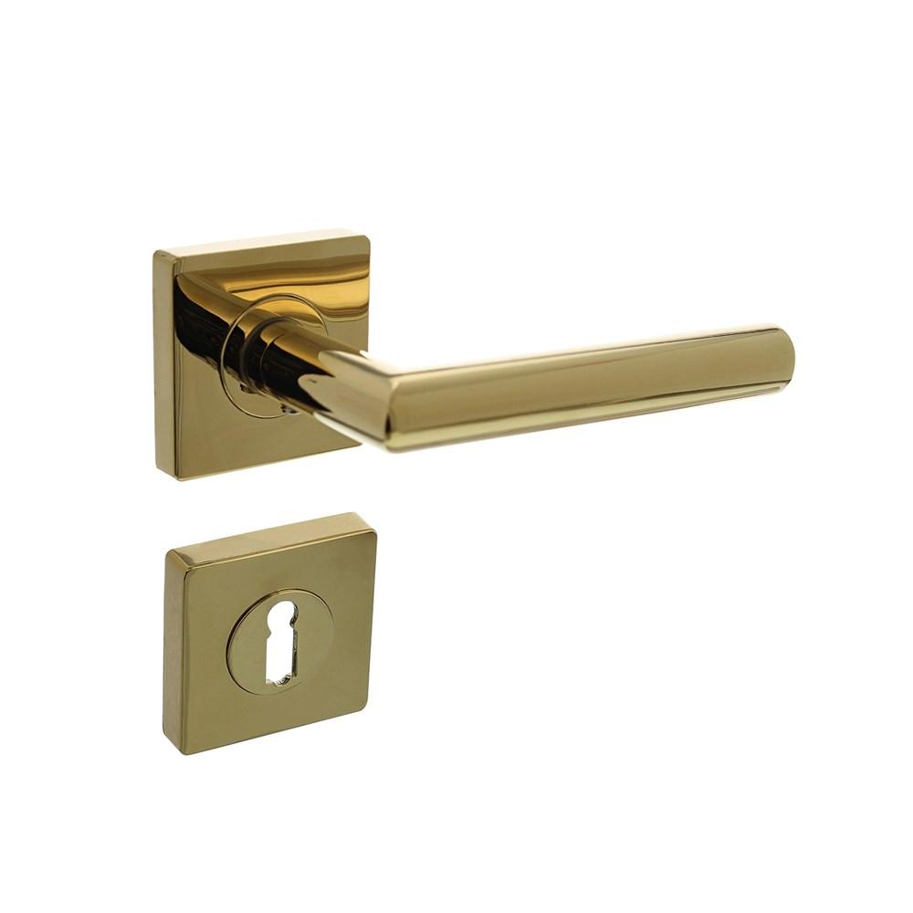 Deurkruk Bastian op vierkante rozet met nokken 55x55x10mm en sleutelplaatjes PVD messingkleur afbeelding