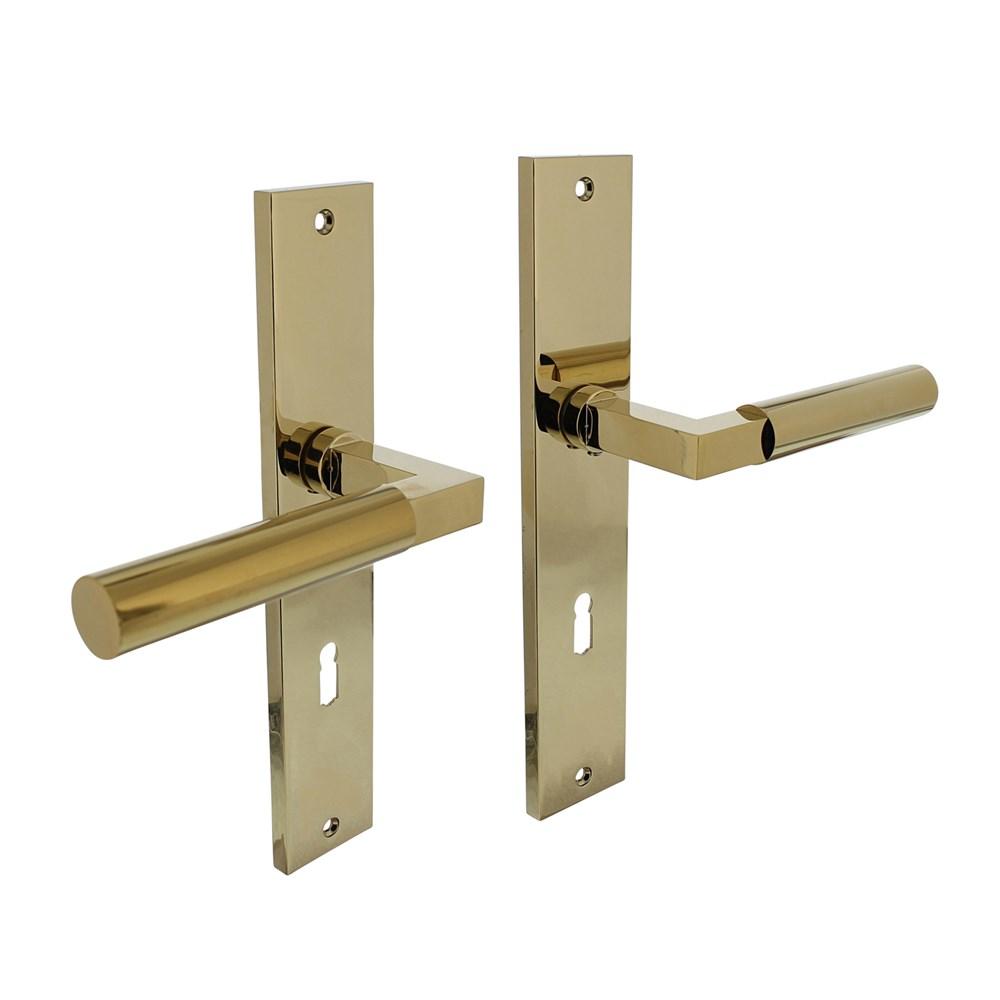 Deurkruk Baustil op langschild 245x45mm sleutelgat 72mm PVD messingkleur afbeelding